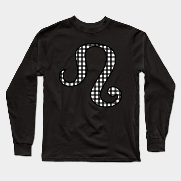 Leo Zodiac Horoscope Symbol in Black and White Gingham Pattern Long Sleeve T-Shirt by bumblefuzzies